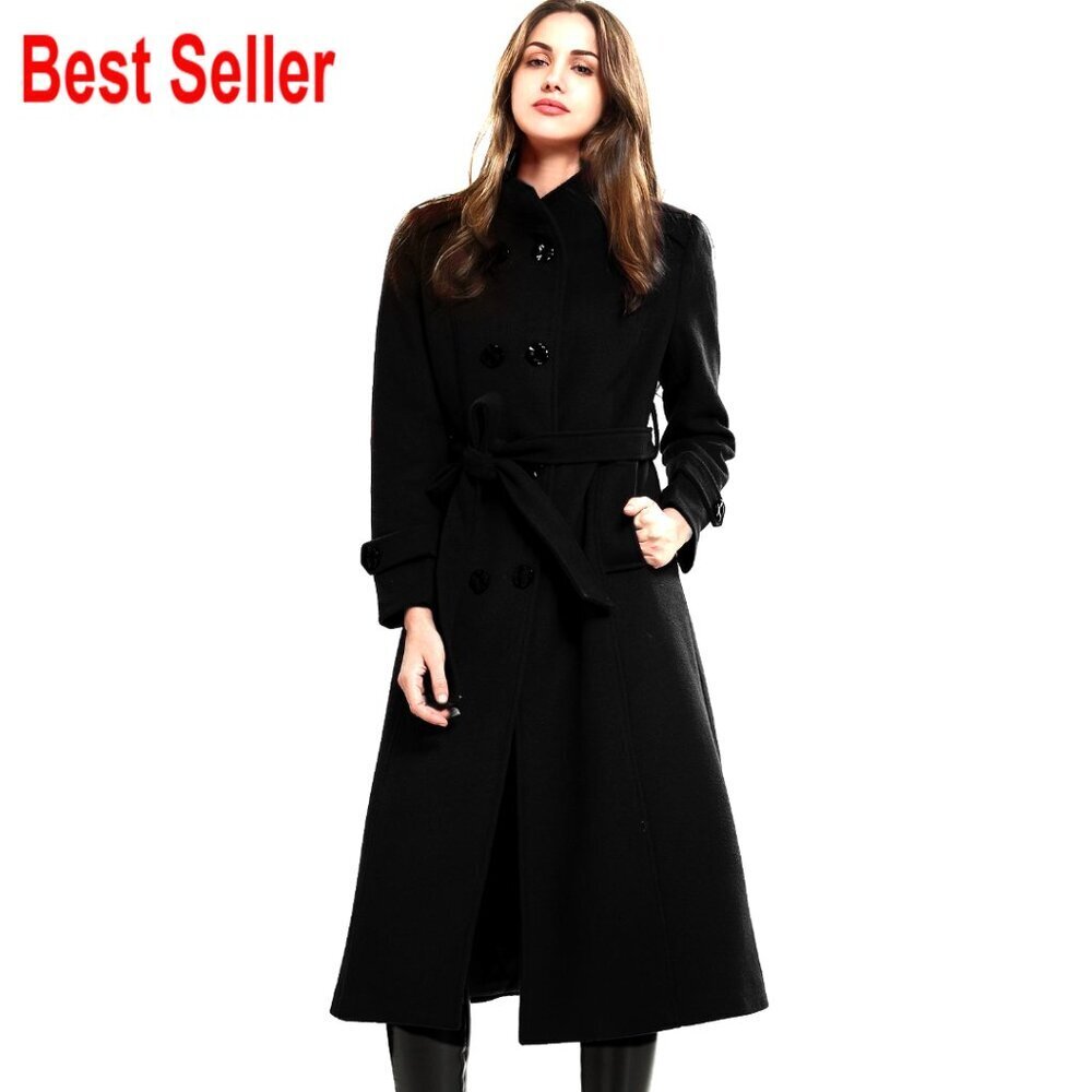 Wool Trench Coat Double-Breasted Classic Elegant Winter Jacket with Belts